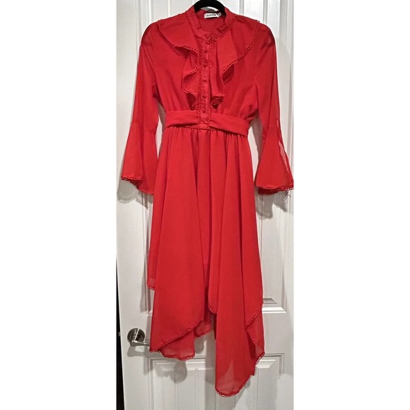 Farrow/Reformation Marrissa Flounce Long Valentine Red Ruffle Lined Dress Sz M - Picture 1 of 16